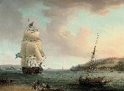 Thomas Whitcombe A crowded flagship of an Admiral of the Blue passing Mount Edgcumbe as she closes into port at Plymouth oil painting reproduction